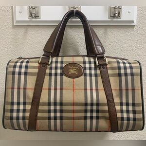 Burberry Boston Bag Tan and Nova Check Plaid Canvas with Brown Leather Trim